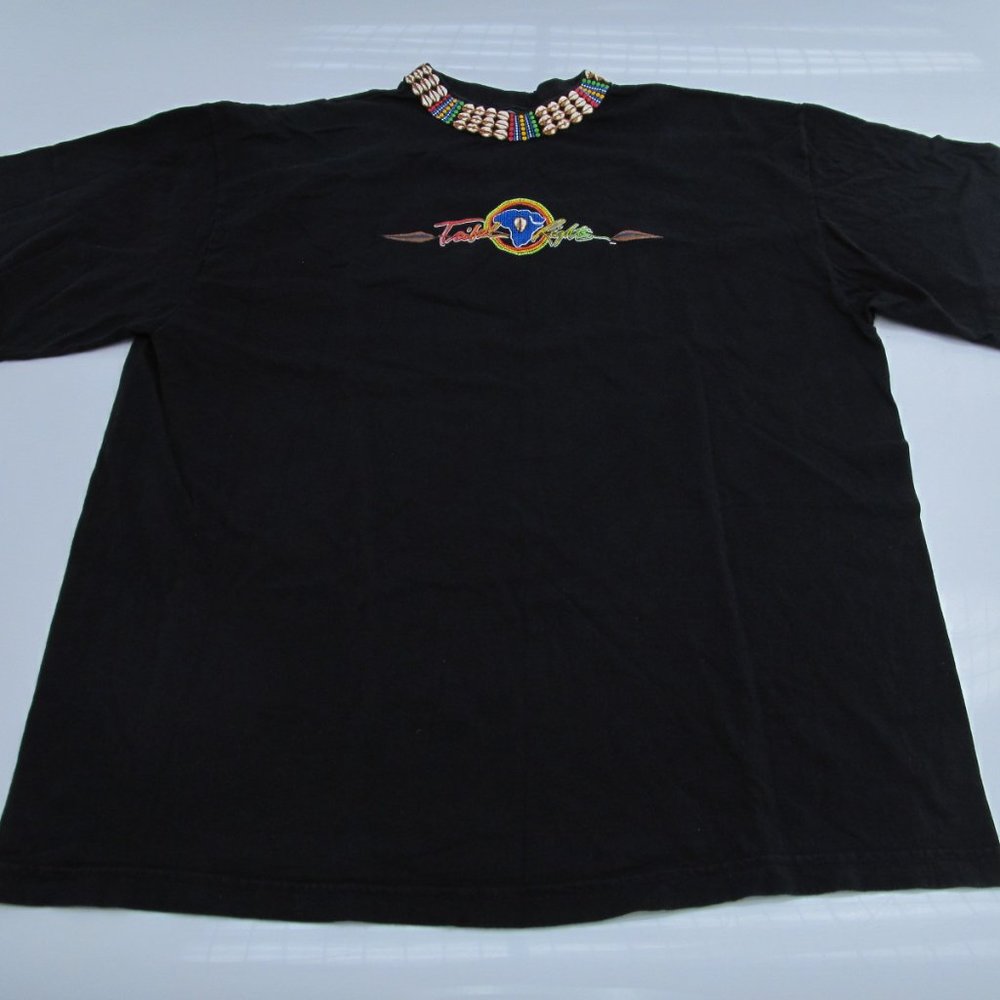 True Vintage 90s Tribal Rights XL Beaded Neck Print T Shirt Africa Black History